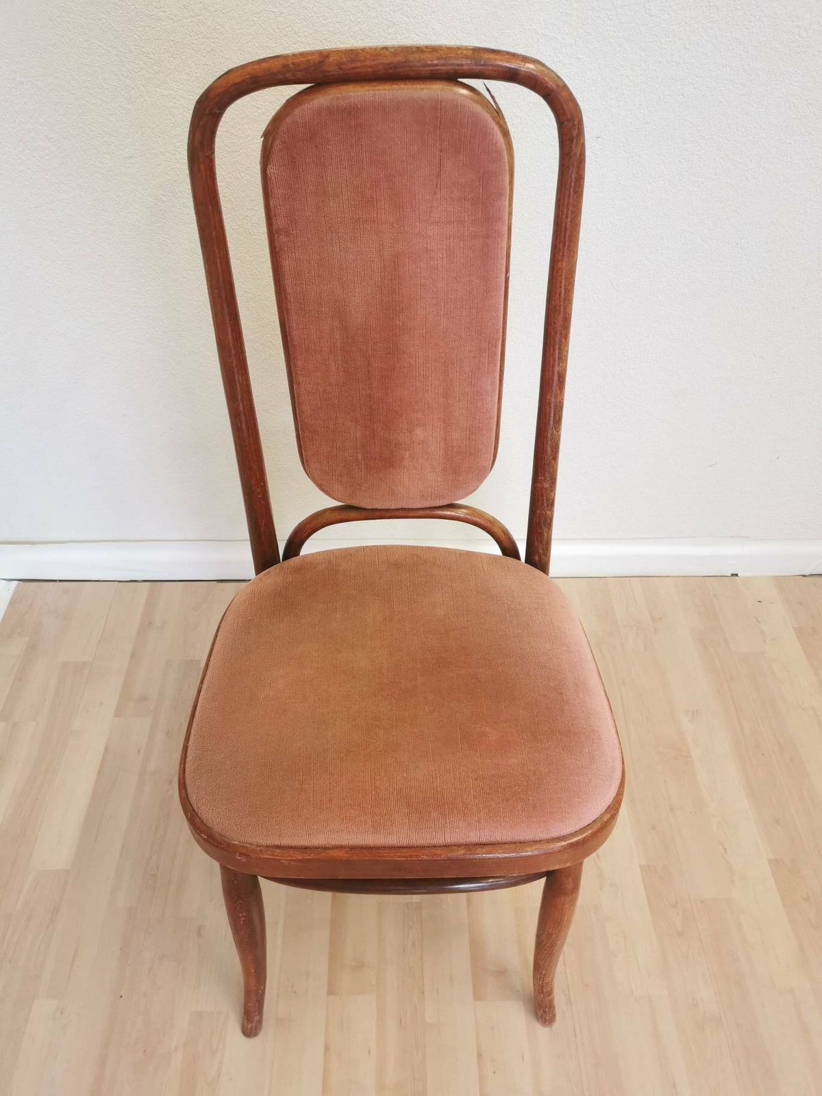 Vintage Wooden Dine Chair In Thonet Sytle With High Backrest And Cushioned Seat In Brown Pink / 1970s, Yugoslavia / Mid Century Dining Chair photo vintage