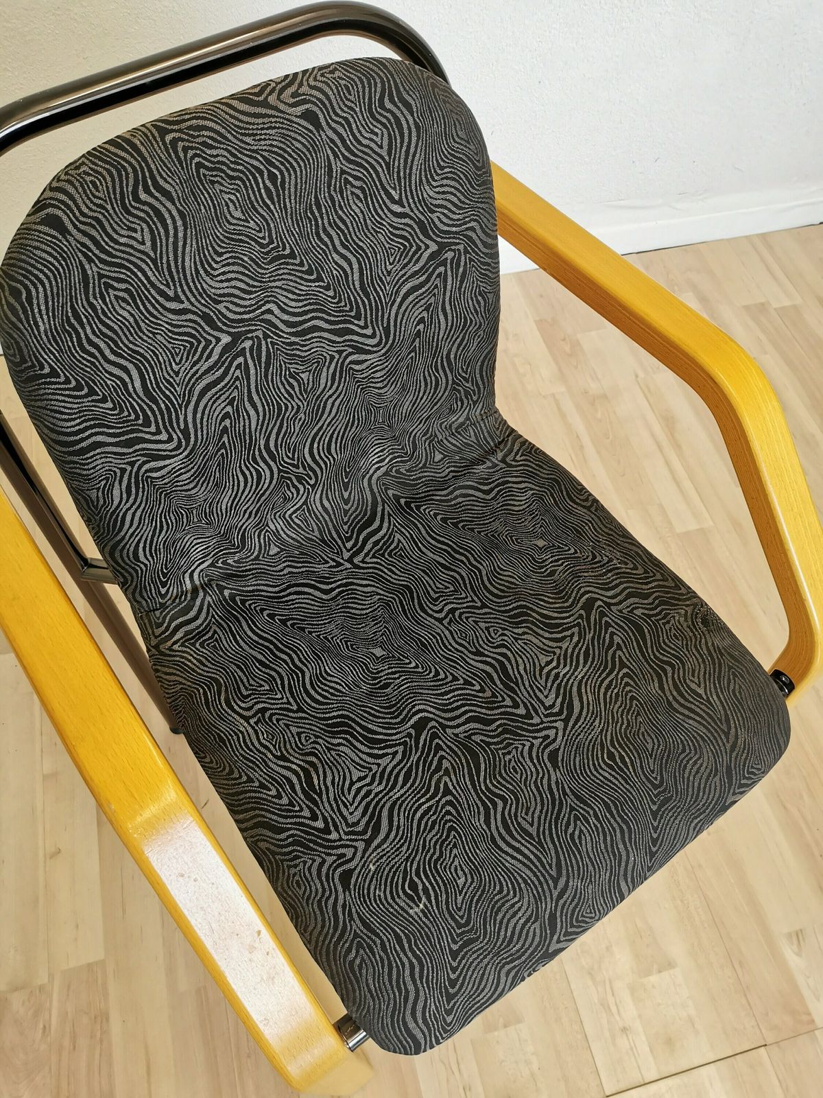 Vintage Dining Chairs / Mid Century Dine Beech Wood, Metal Legs And Black Fabric Chair / 1970s Space Age Interior Dining Room Quadrangular photo furniture
