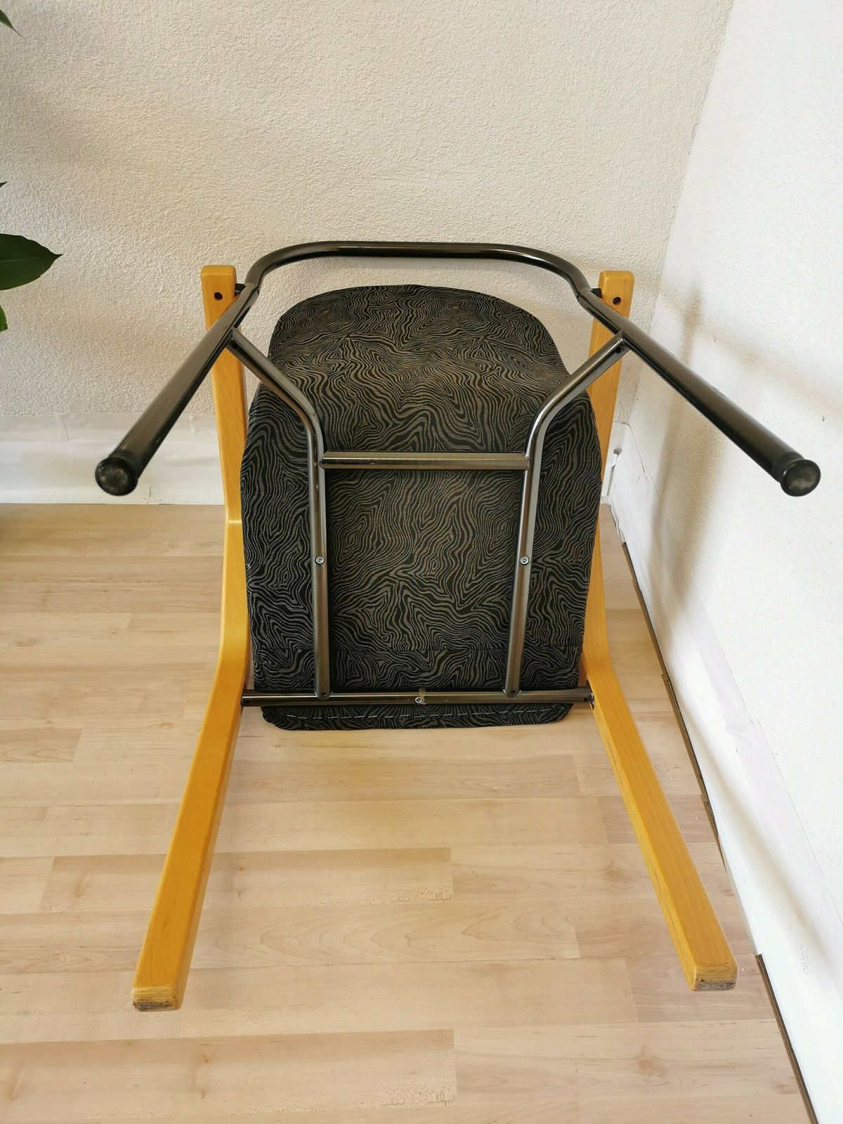 Vintage Dining Chairs / Mid Century Dine Beech Wood, Metal Legs And Black Fabric Chair / 1970s Space Age Interior Dining Room Quadrangular photo vintage