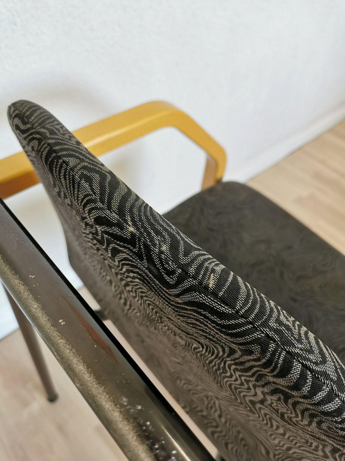 photo furniture Vintage Dining Chairs / Mid Century Dine Beech Wood, Metal Legs And Black Fabric Chair / 1970s Space Age Interior Dining Room Quadrangular