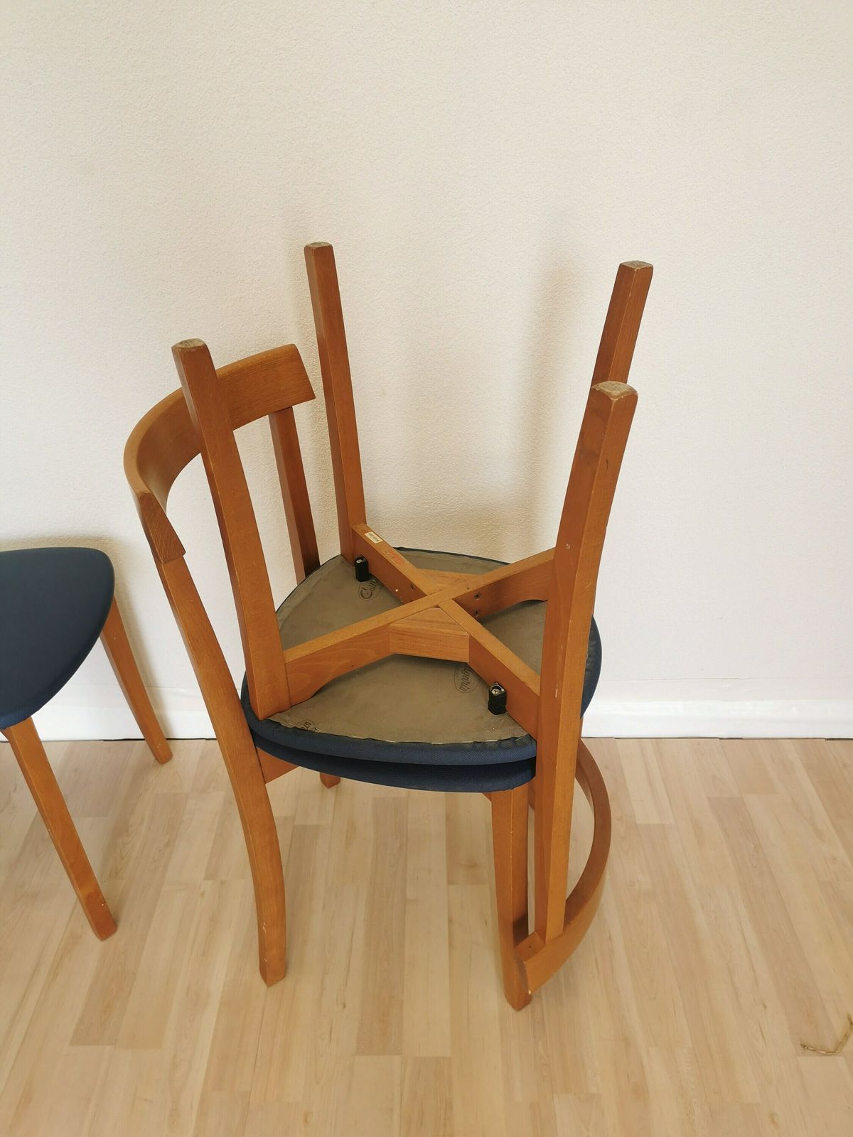 1 Of 7 Vintage Dining Chairs By Calligaris / Italy 1990s / Wooden Dine Chairs With Blue Fabric Seat / Mid Century Italian Design For Bistro photo vinterior