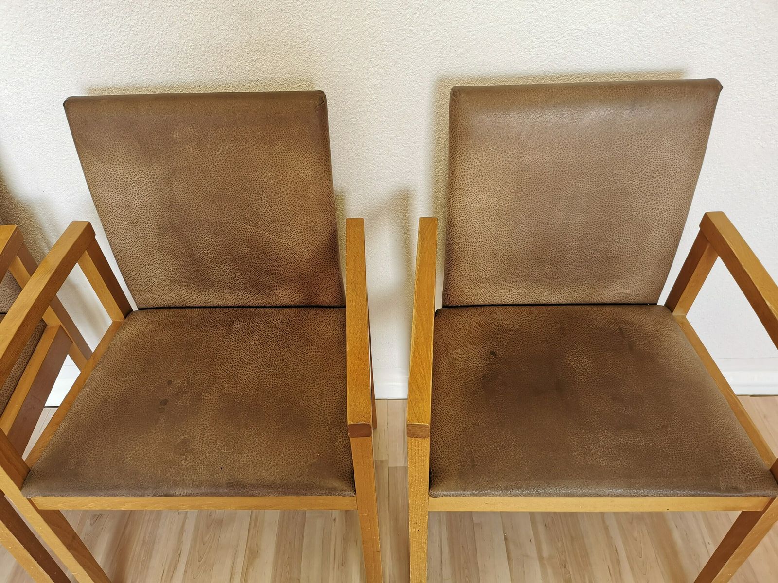 1 Of 4 Vintage Dining Chairs / Massive Wooden Dine Armchairs With Microfiber / Made In 1990s / Italian Design / Bistro Bar Pub Restaurant photo for sale