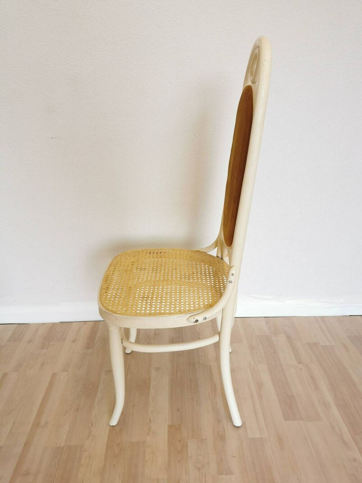 Vintage High Backrest Dine Chair / Thonet Bentwood Dining Chair With Cane And Yellow Fabric / 1970s, Yugoslavia / Mid Century Dining Room photo vinterior