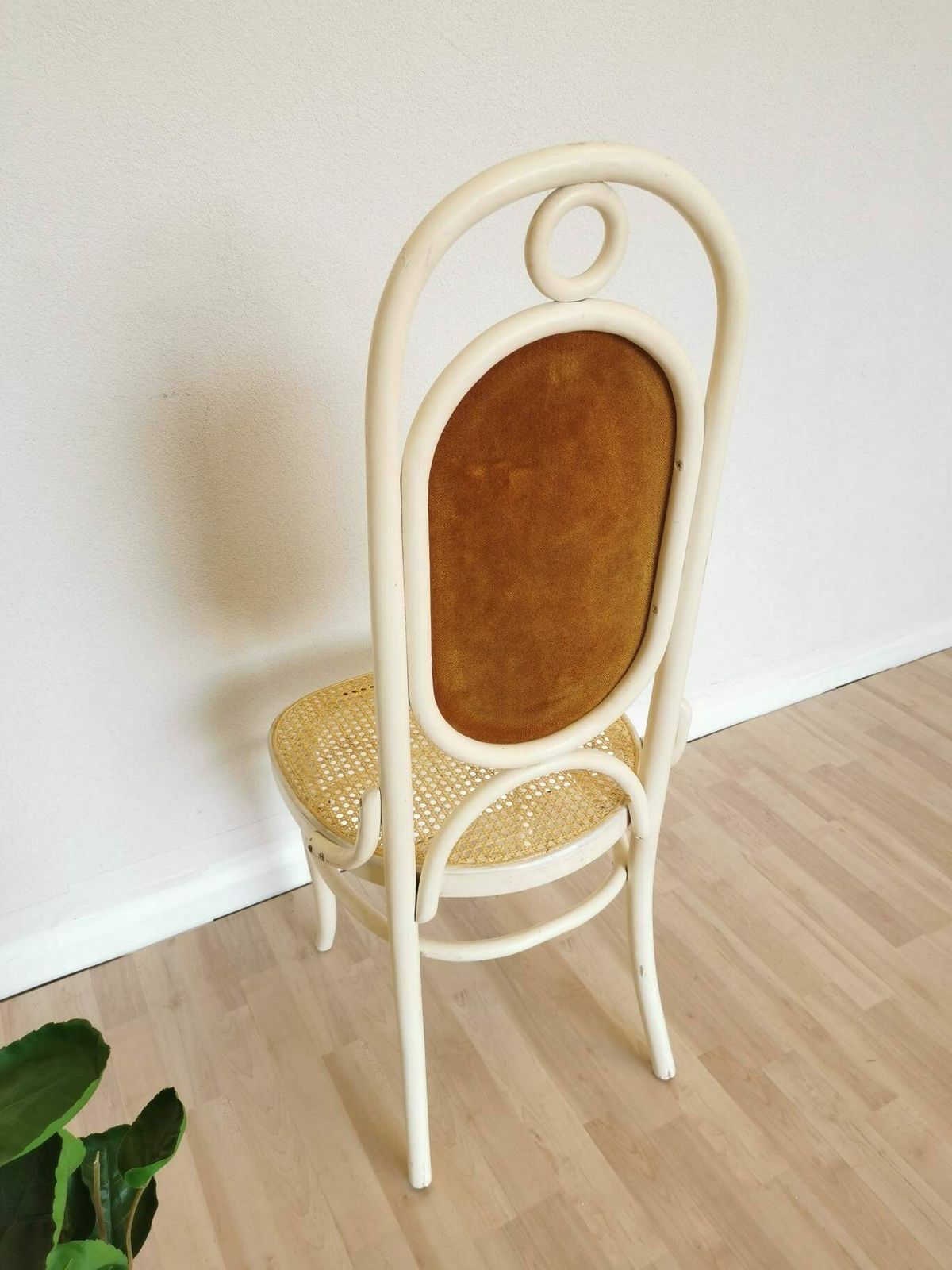 photo furniture Vintage High Backrest Dine Chair / Thonet Bentwood Dining Chair With Cane And Yellow Fabric / 1970s, Yugoslavia / Mid Century Dining Room