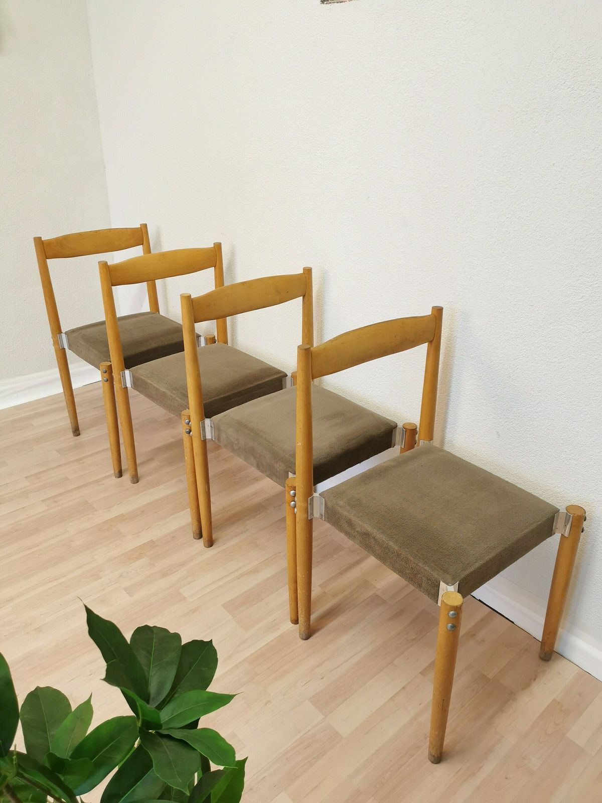 Set Of 4 Vintage Dine Chairs By Miroslav Navratil / 1970s Czechoslovakia / Mid Century Wooden Dining Chairs / Gray Fabric With Blue Stripes photo furniture