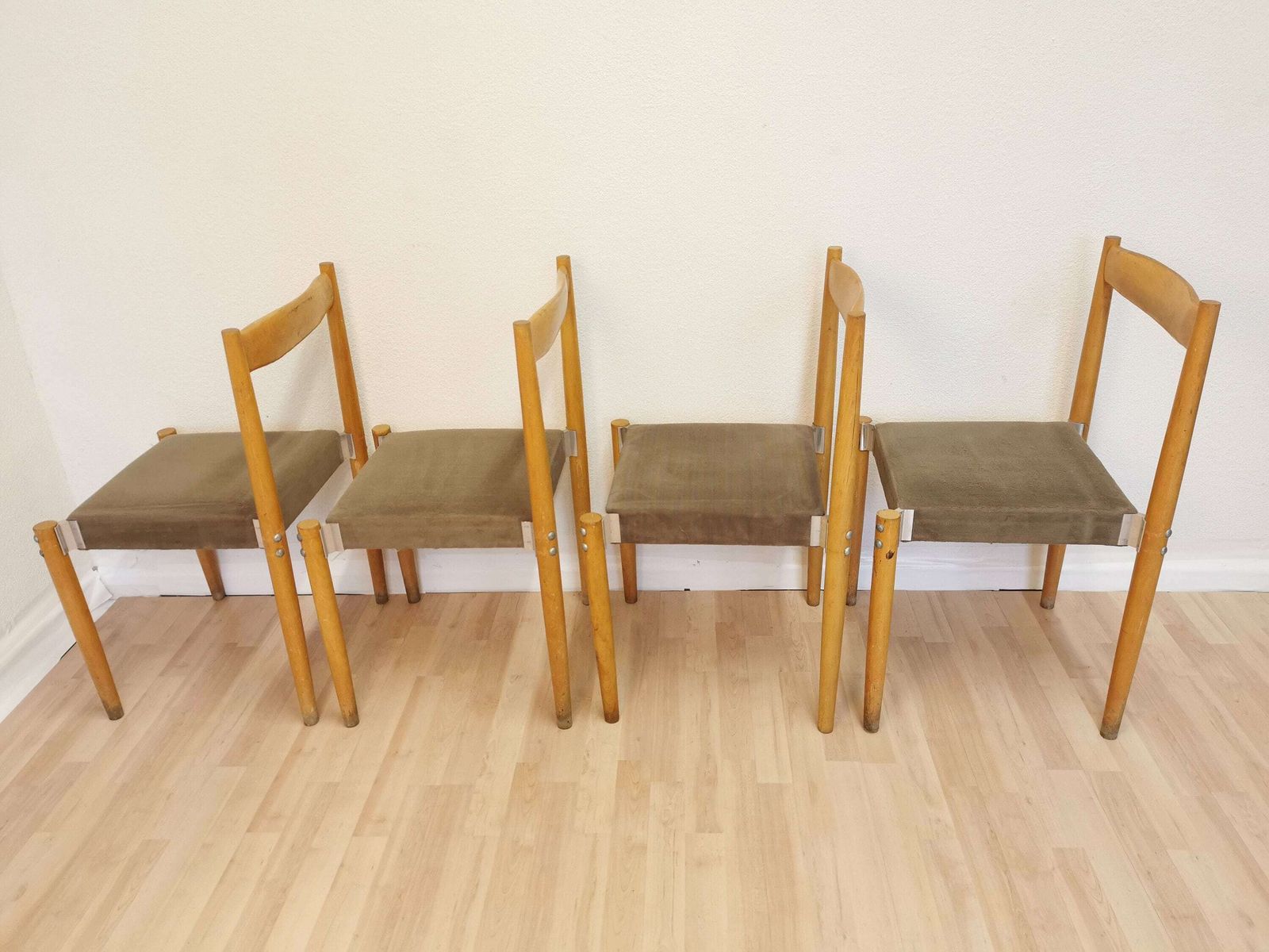 Set Of 4 Vintage Dine Chairs By Miroslav Navratil / 1970s Czechoslovakia / Mid Century Wooden Dining Chairs / Gray Fabric With Blue Stripes photo 809.0