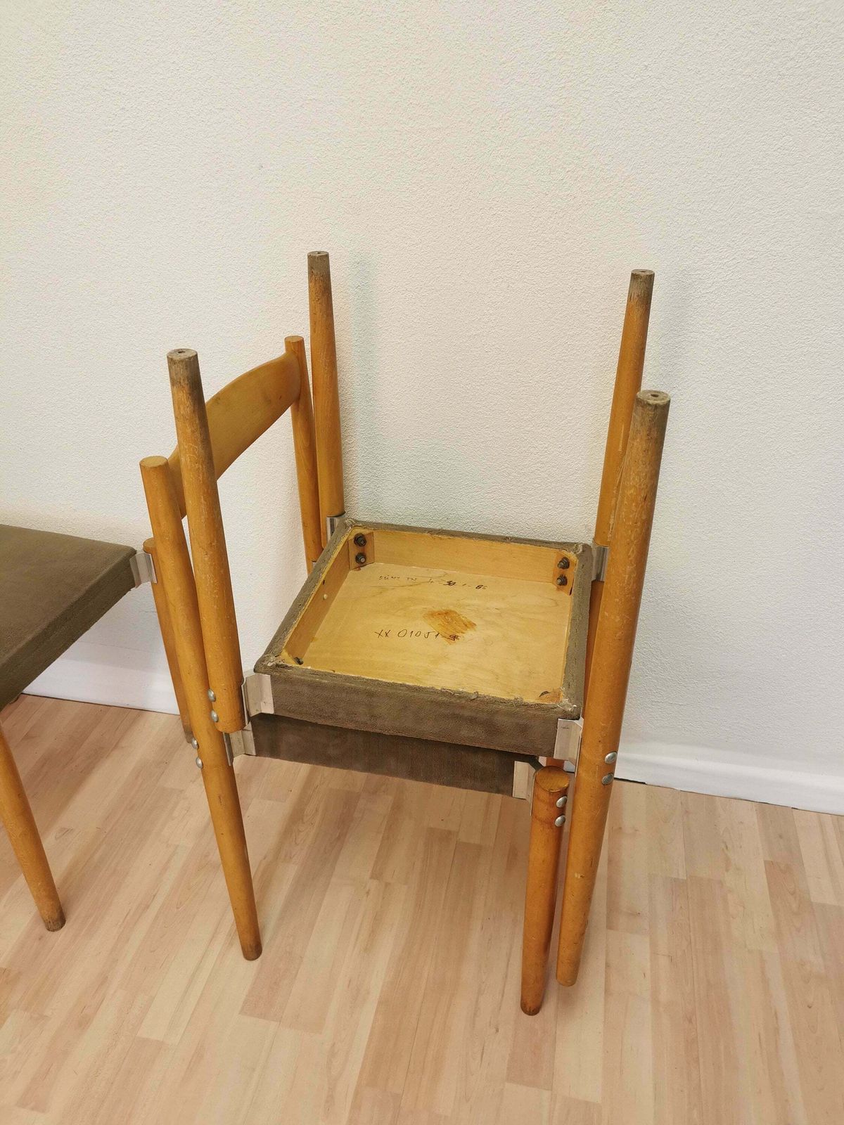 Set Of 4 Vintage Dine Chairs By Miroslav Navratil / 1970s Czechoslovakia / Mid Century Wooden Dining Chairs / Gray Fabric With Blue Stripes photo buy