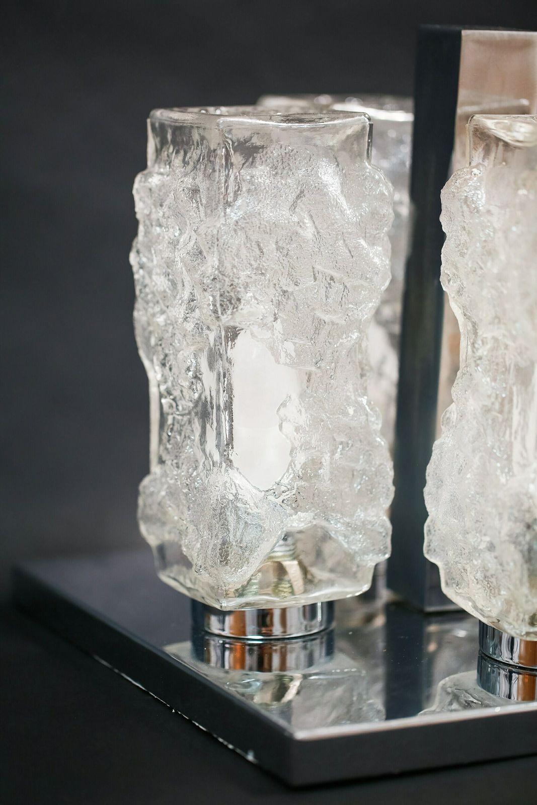 photo for sale Vintage Glass Flush Mount Lamp By Kaiser Leuchten / Germany 1960s / Original Mid Century Ice Glass Texture Ceiling Light Fixture