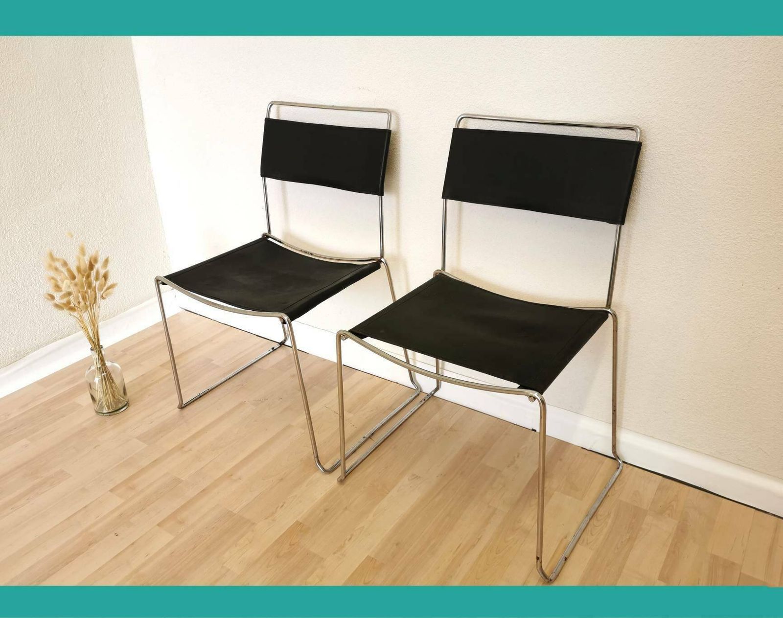 Set Of 2 Vintage Leather Chairs / Chrome And Black Leather Dining Chairs / Italy, 1980s / Dining Room