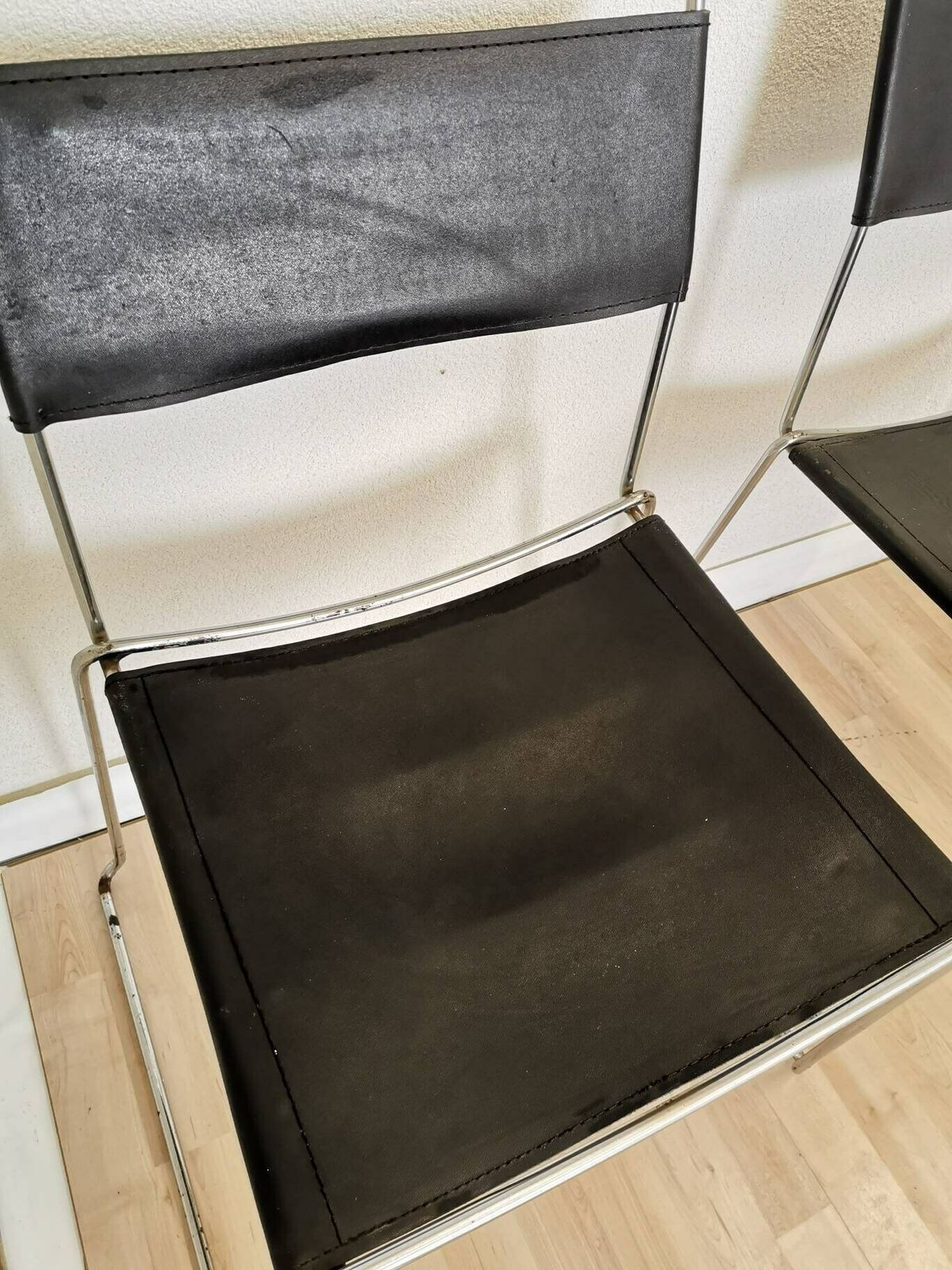 photo for sale Set Of 2 Vintage Leather Chairs / Chrome And Black Leather Dining Chairs / Italy, 1980s / Dining Room