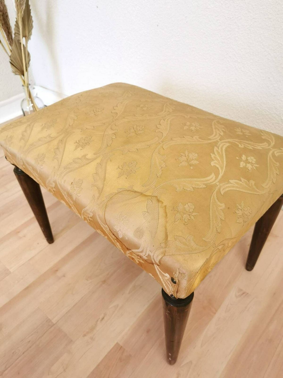 Vintage Foot Stool With Wooden Legs And Cushioned Seat In Gold Yellow Fabric / Mid Century Elegenat Ottoman Tabure / 1970s / Stained photo vinterior