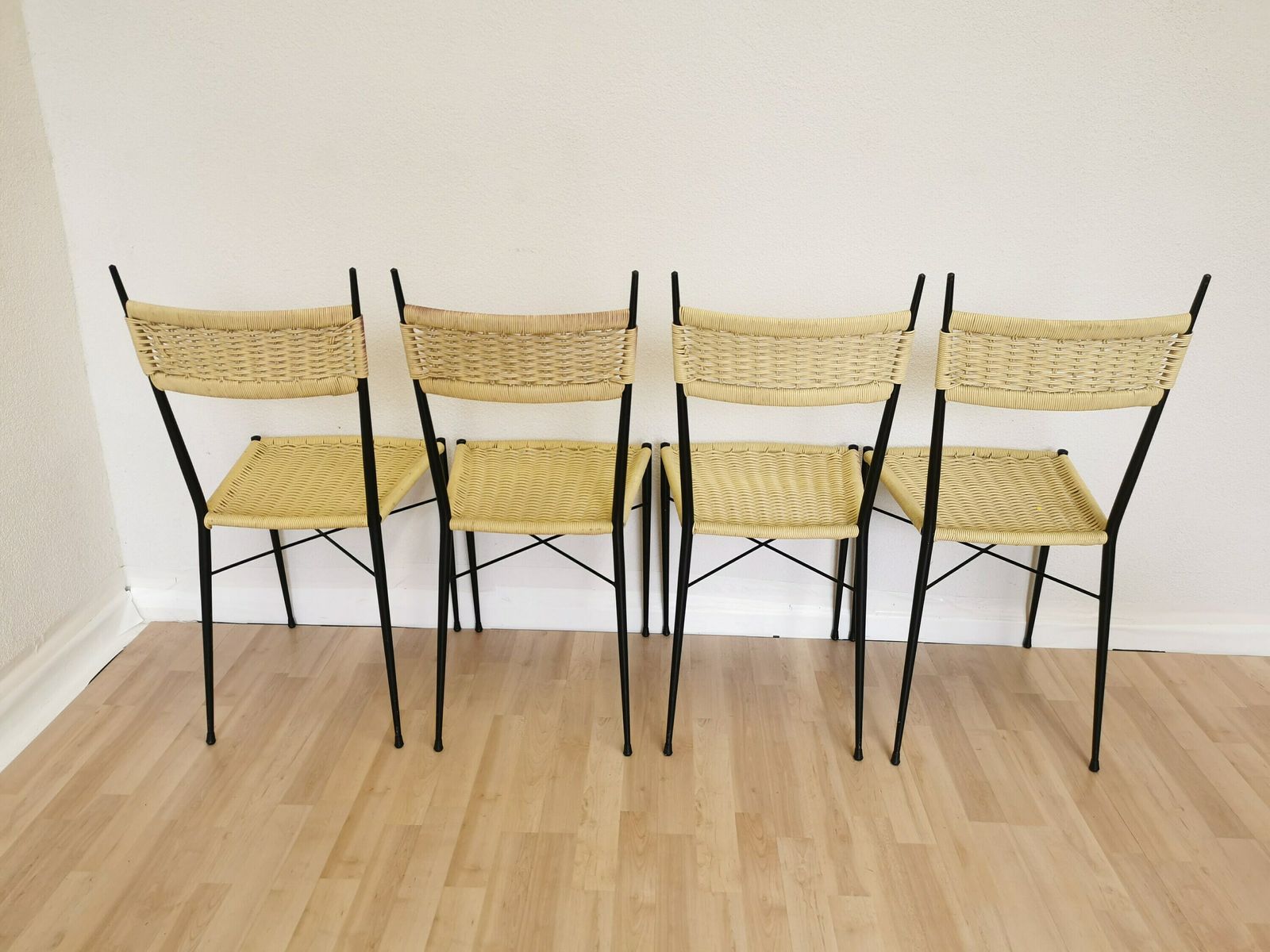 Set Of 4 Vintage Dine Chairs Made In Italy In The 1970s / Mid Century Outdoor Or Indoor Dining Chairs From Metal And Plastic In Rattan Look photo furniture
