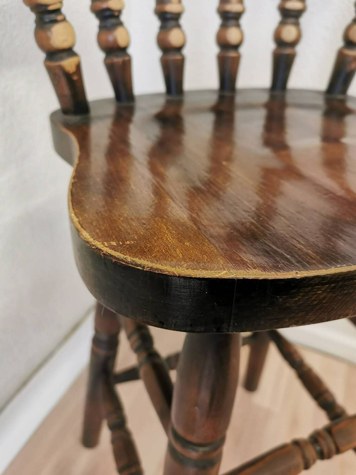Vintage Wooden Bar Chair / 1970s Yugoslavia / Mid Century Farmhouse High Stool / Kitchen Island Chair With Patina / Carved Wood Details photo for sale