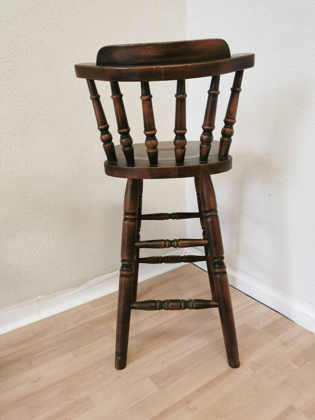 Vintage Wooden Bar Chair / 1970s Yugoslavia / Mid Century Farmhouse High Stool / Kitchen Island Chair With Patina / Carved Wood Details photo vintage