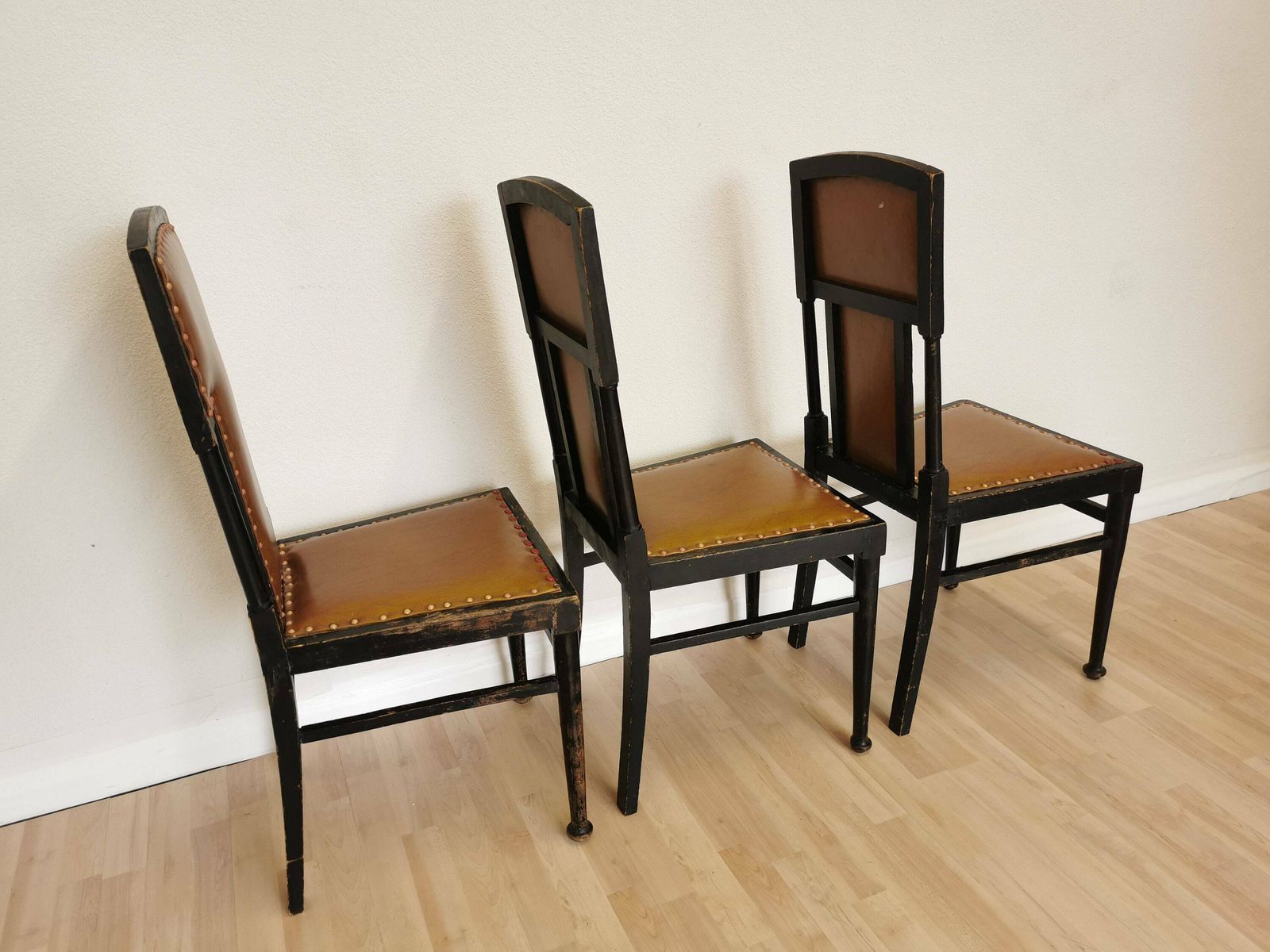 1 Of 3 Vintage Dine Chairs With High Backrest / Wooden Dining Chairs With Leather Seat And Nailhead Trim / Mid Century Royal Furniture photo 297.0