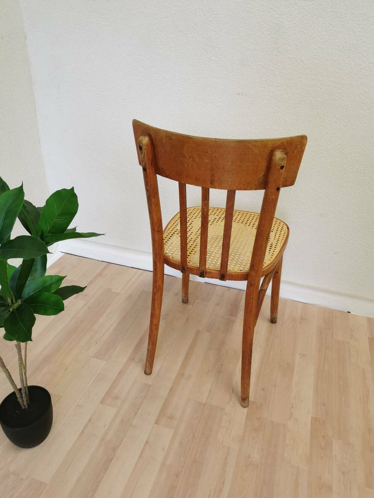 Vintage Wooden Dining Chair With Cane Seat / 1970s Yugoslavia / Mid Century Dine Chair / Wicker Chair With Patina In Boho Interior Design photo for sale