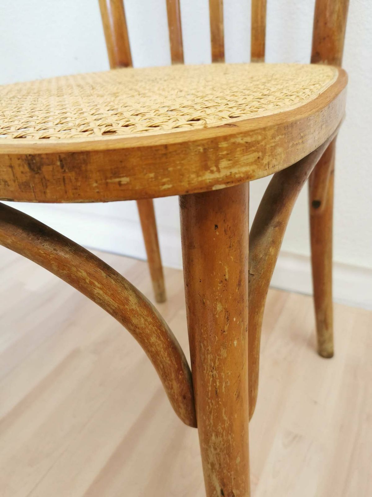 Vintage Wooden Dining Chair With Cane Seat / 1970s Yugoslavia / Mid Century Dine Chair / Wicker Chair With Patina In Boho Interior Design photo Furniture