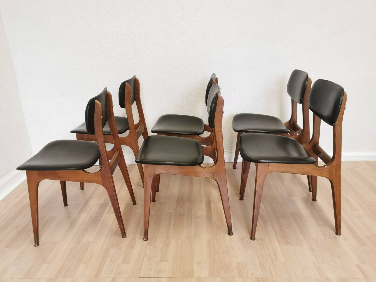 2 Chairs Left Vintage Wooden Dining Chairs With Black Leather Seat / Stol Kamnik 1970s / Yugoslavia Mid Century Dine Chairs / Bistro Bar Pub photo buy