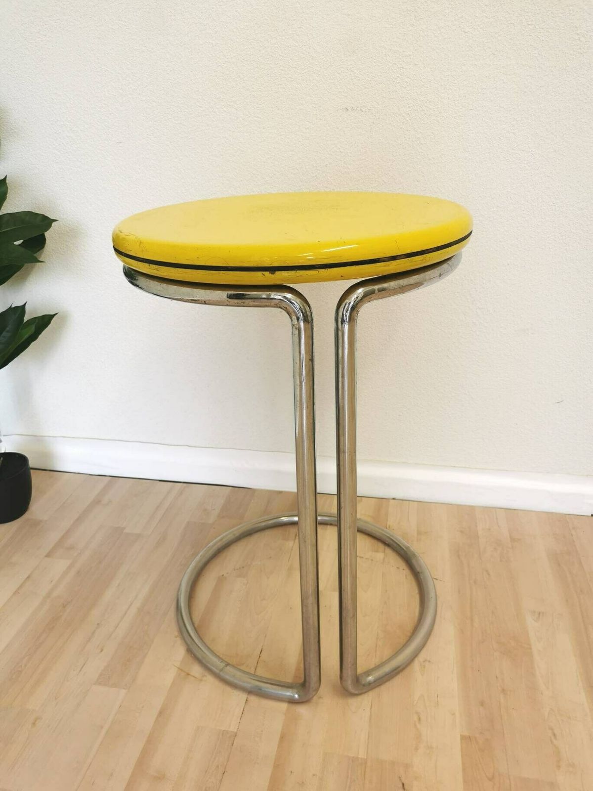 Vintage Yellow Bar Table / Tubular Chrome Table In Bauhaus Style / Mid Century Modern Space Age End Table / High Coffee Round Table / 1970s photo vintage