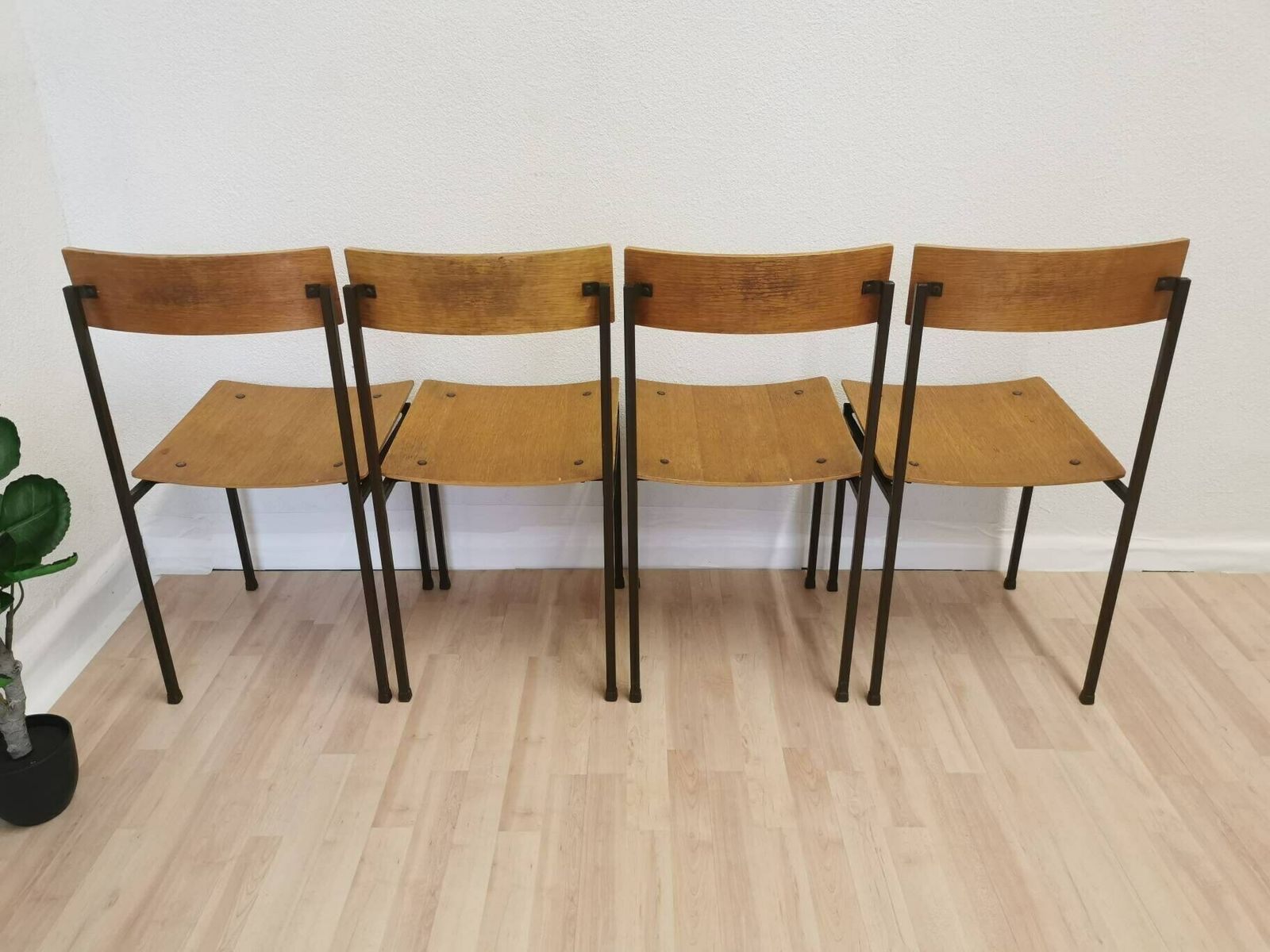 Set Of 4 Vintage School Square Chairs / Industrial Minimalist Dining Chair With Metal Frame And Wooden Seat / Mid Century Set Of Dine Chairs photo for sale