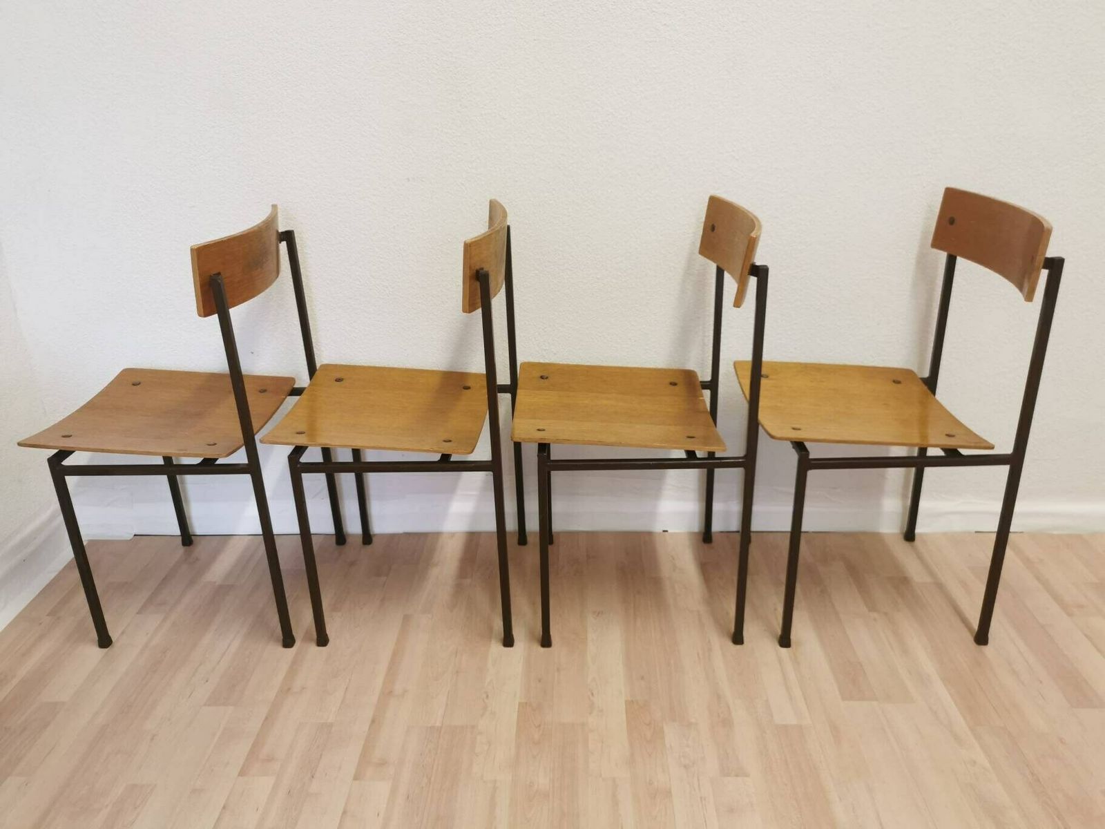 Set Of 4 Vintage School Square Chairs / Industrial Minimalist Dining Chair With Metal Frame And Wooden Seat / Mid Century Set Of Dine Chairs photo buy