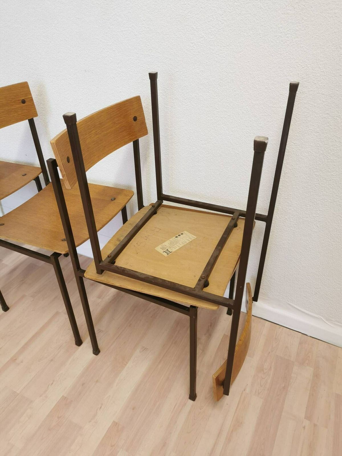 photo for sale Set Of 4 Vintage School Square Chairs / Industrial Minimalist Dining Chair With Metal Frame And Wooden Seat / Mid Century Set Of Dine Chairs