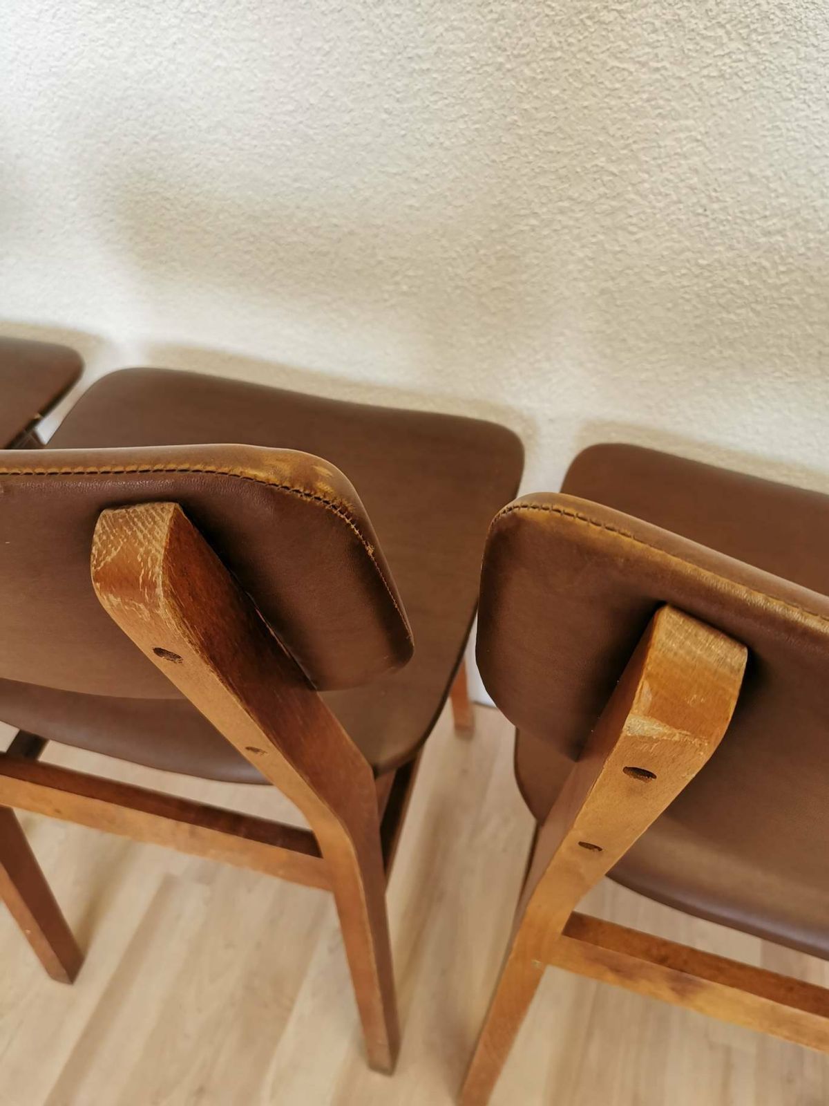 photo furniture Set Of 4 Vintage Wooden Dining Chairs With Leather Seat And Backrest / Stol Kamnik 1970s Yugoslavia / Mid Century Dine Chairs / Bistro Bar