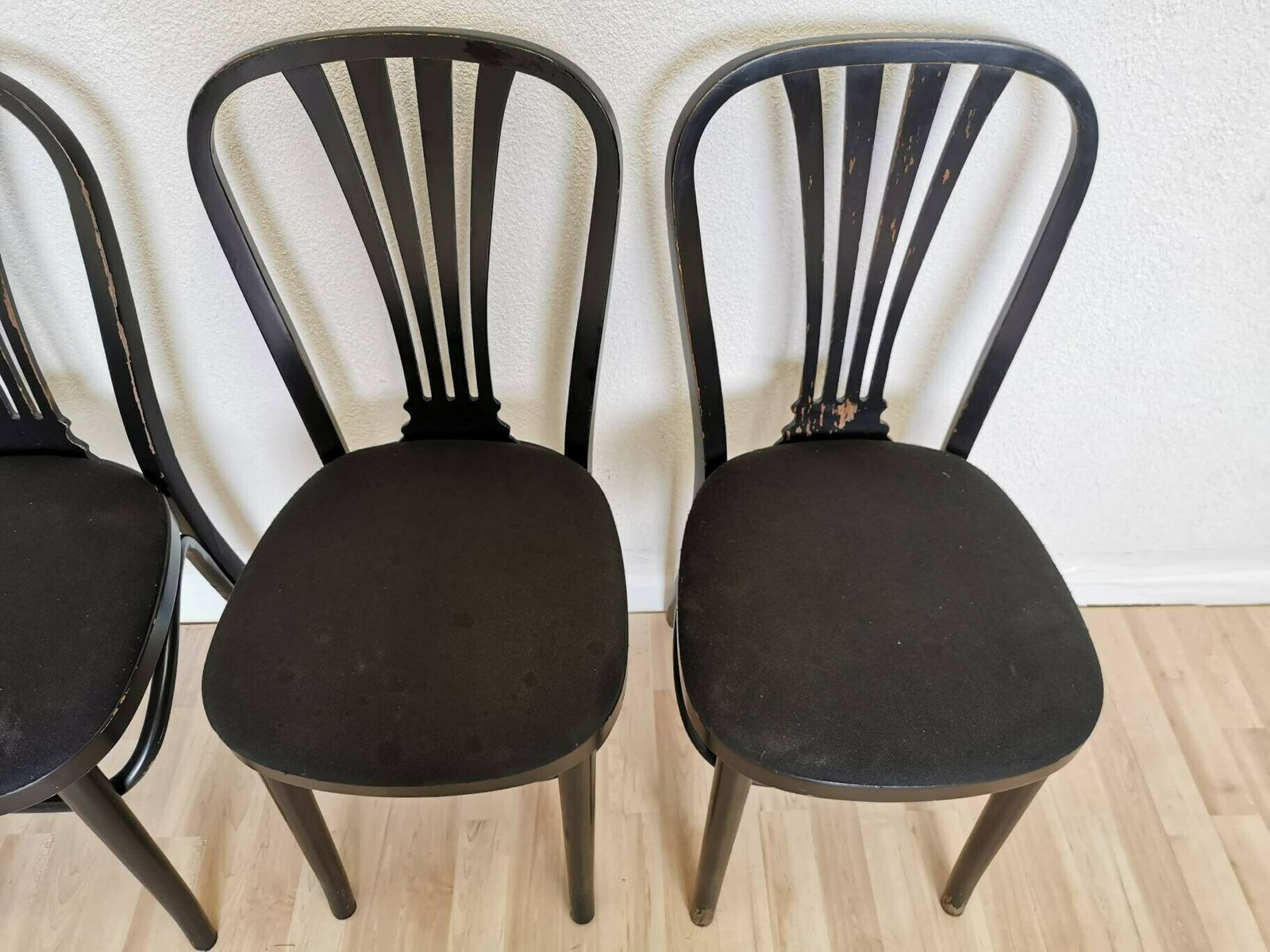 Set Of 4 Vintage Black Wooden Dining Chairs / Stol Kamnik 1970s Yugoslavia / Black Fabric Seat / Mid Century Dine Chairs / Minimalistic Set photo for sale