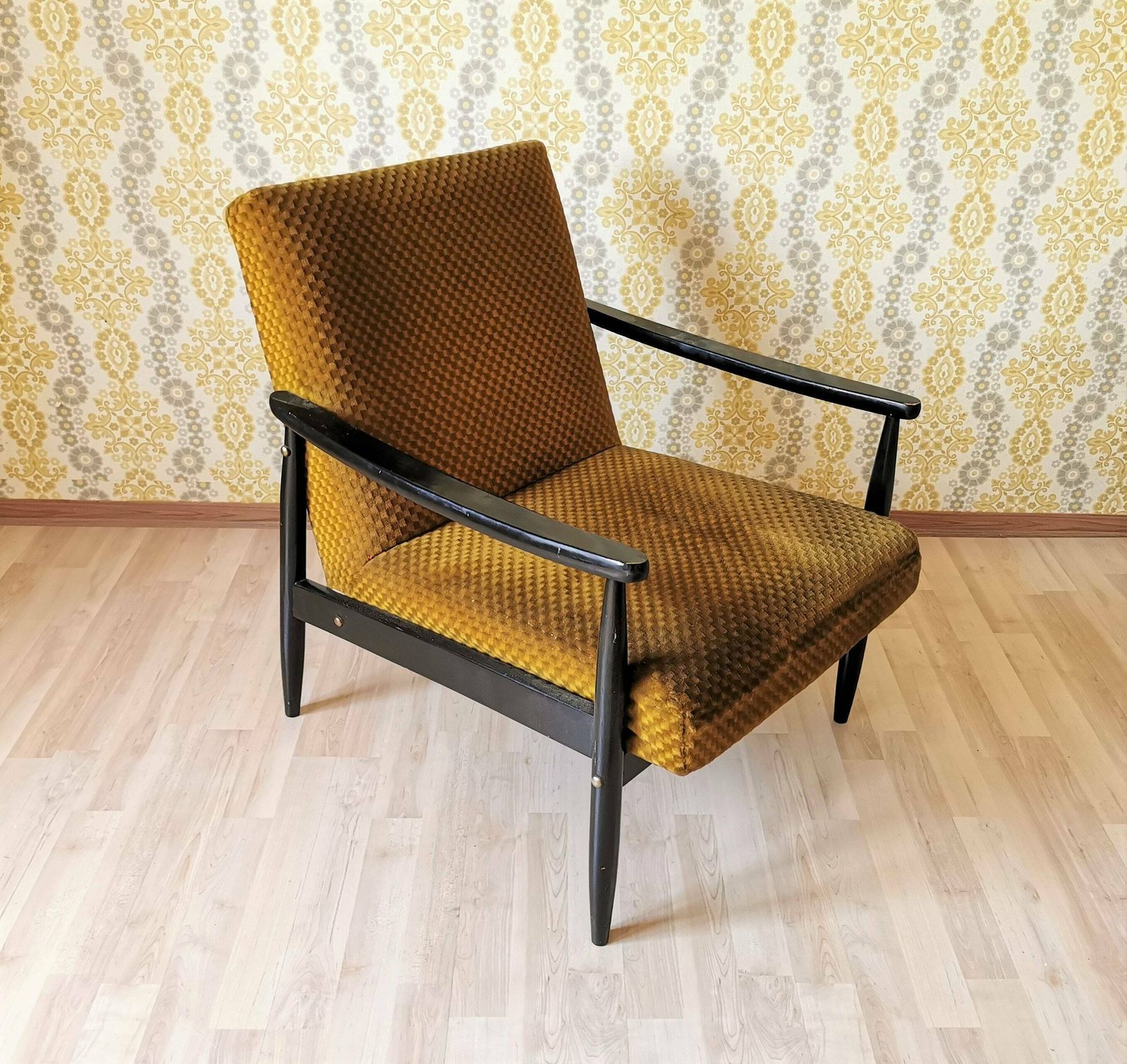 Vintage Yellow Fabric Wooden Armchair With Springs / Made In Yugoslavia In 1960s / Mid Century Cocktail Lounge Chair / Low Seating / Resting photo furniture