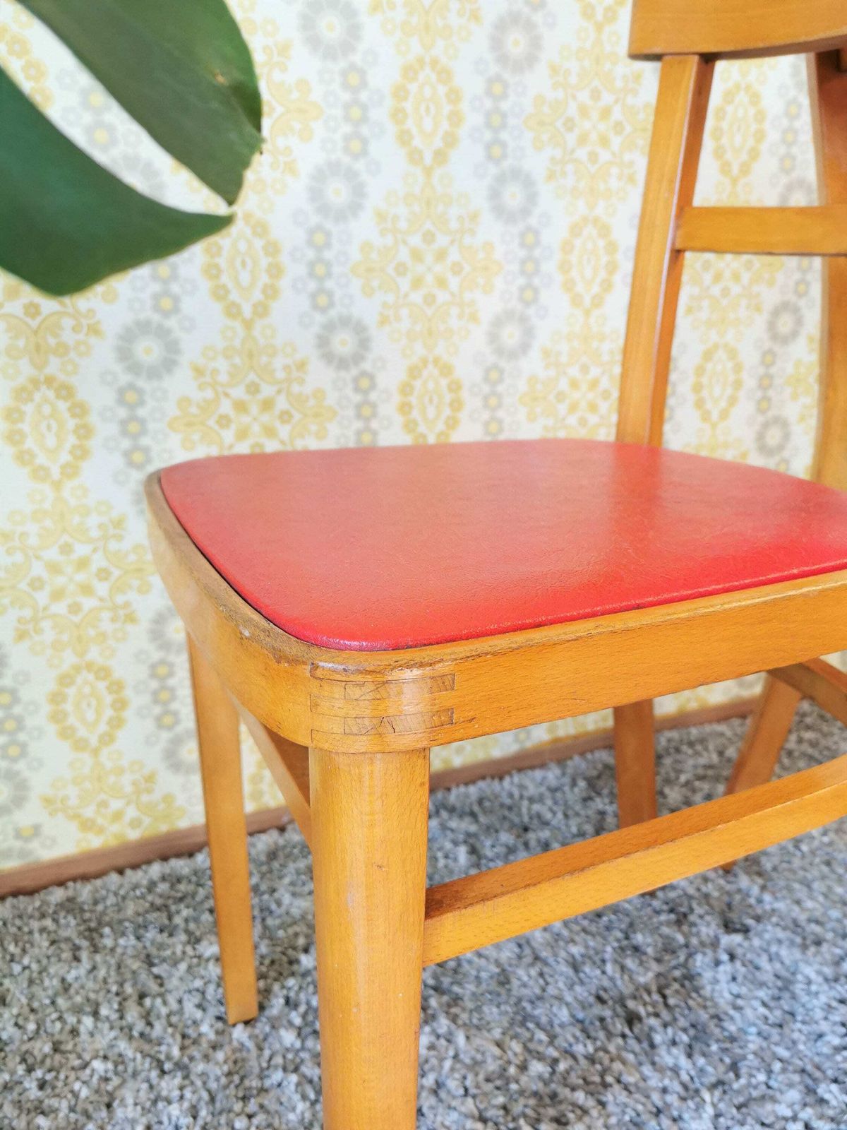 Set Of 2 Vintage Wooden Chairs Made In Yugoslavia 1960s By Stol Kamnik Factory / Mid Century Dining Chairs / Red Leather Seats / Solid photo for sale