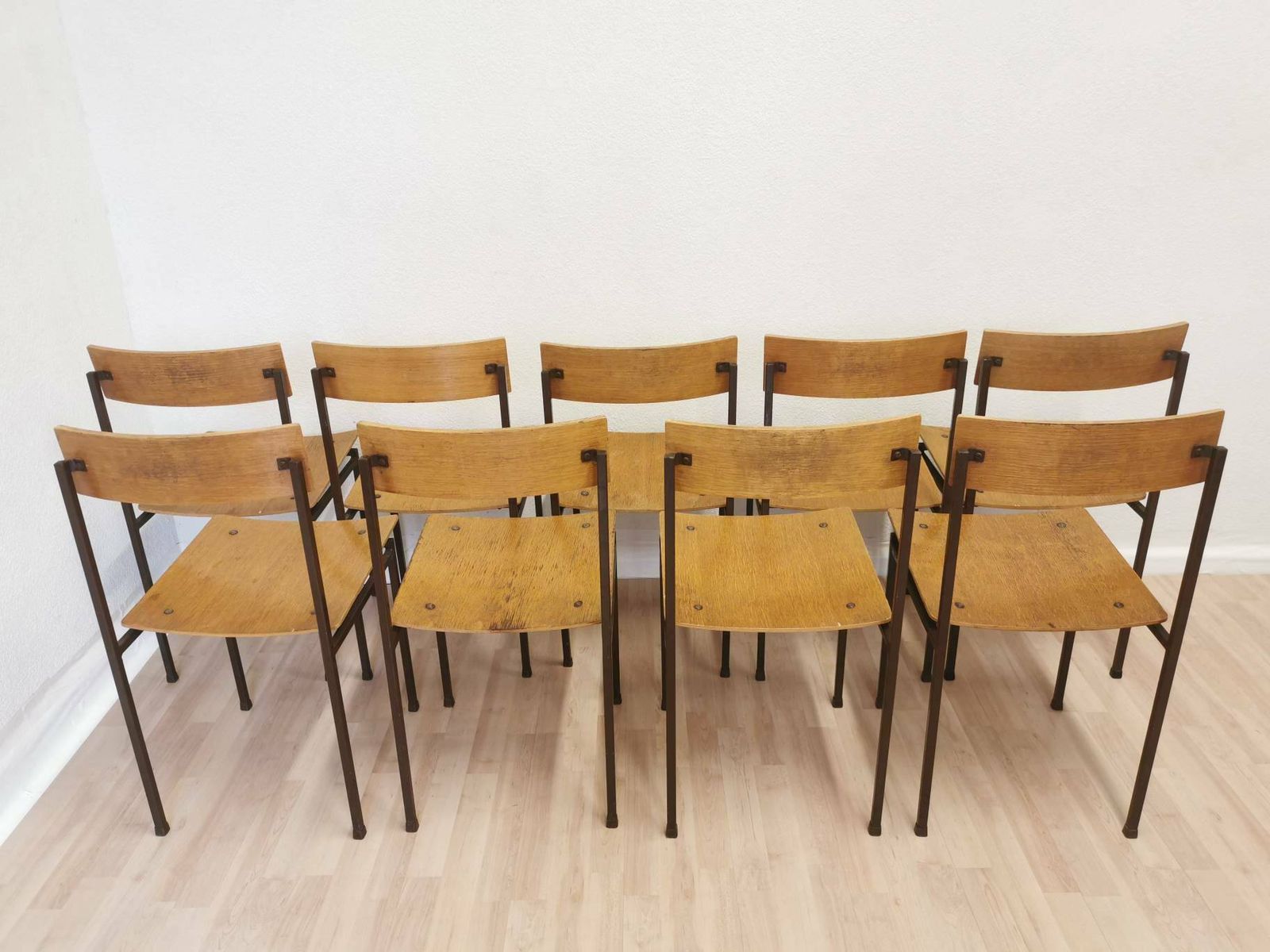 1 Of 30 Vintage School Square Chairs / Industrial Minimalist Dining Chair With Metal Frame And Wooden Seat / Mid Century Batch Of Dine Stool photo for sale