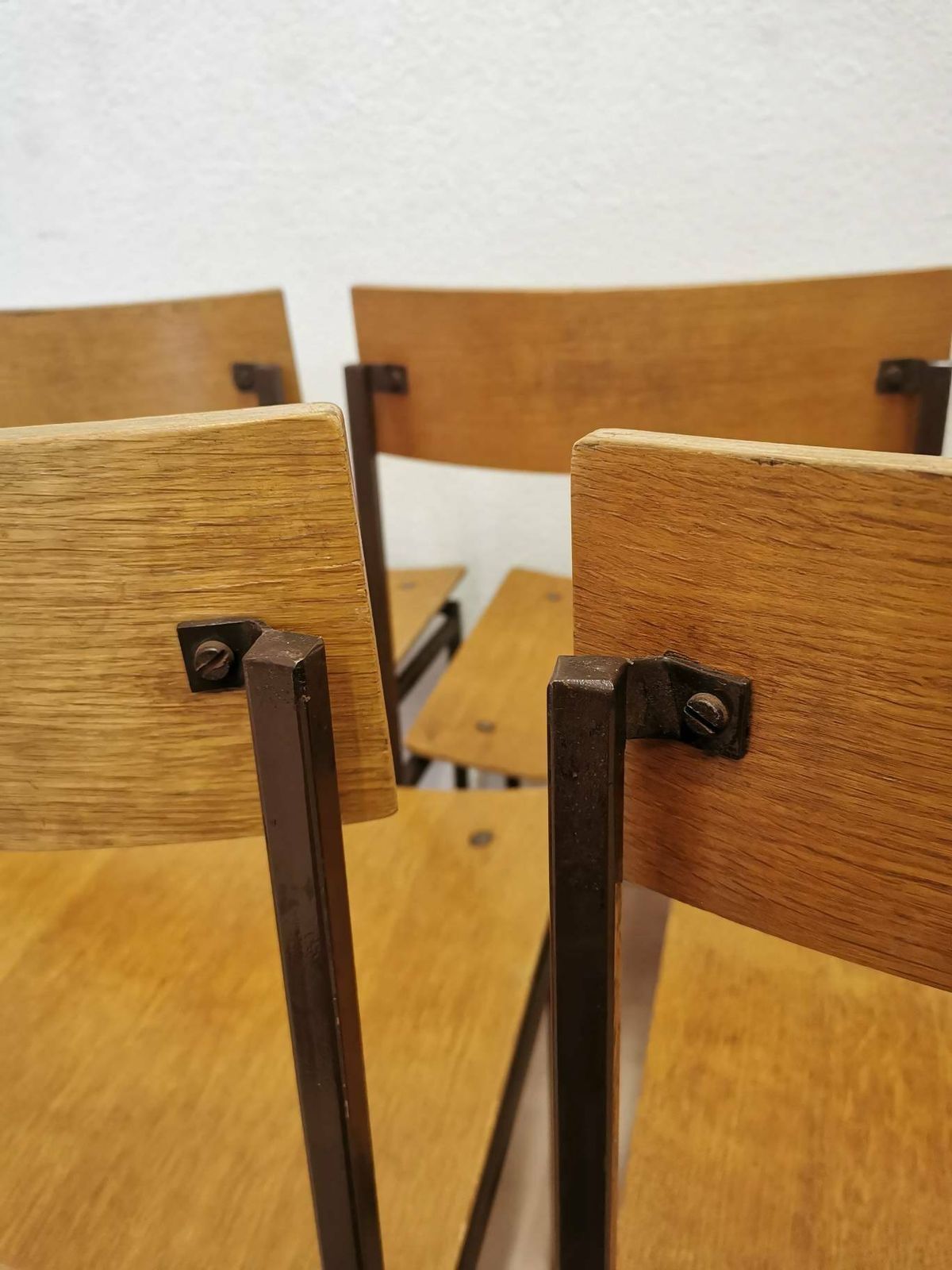 1 Of 30 Vintage School Square Chairs / Industrial Minimalist Dining Chair With Metal Frame And Wooden Seat / Mid Century Batch Of Dine Stool photo vinterior