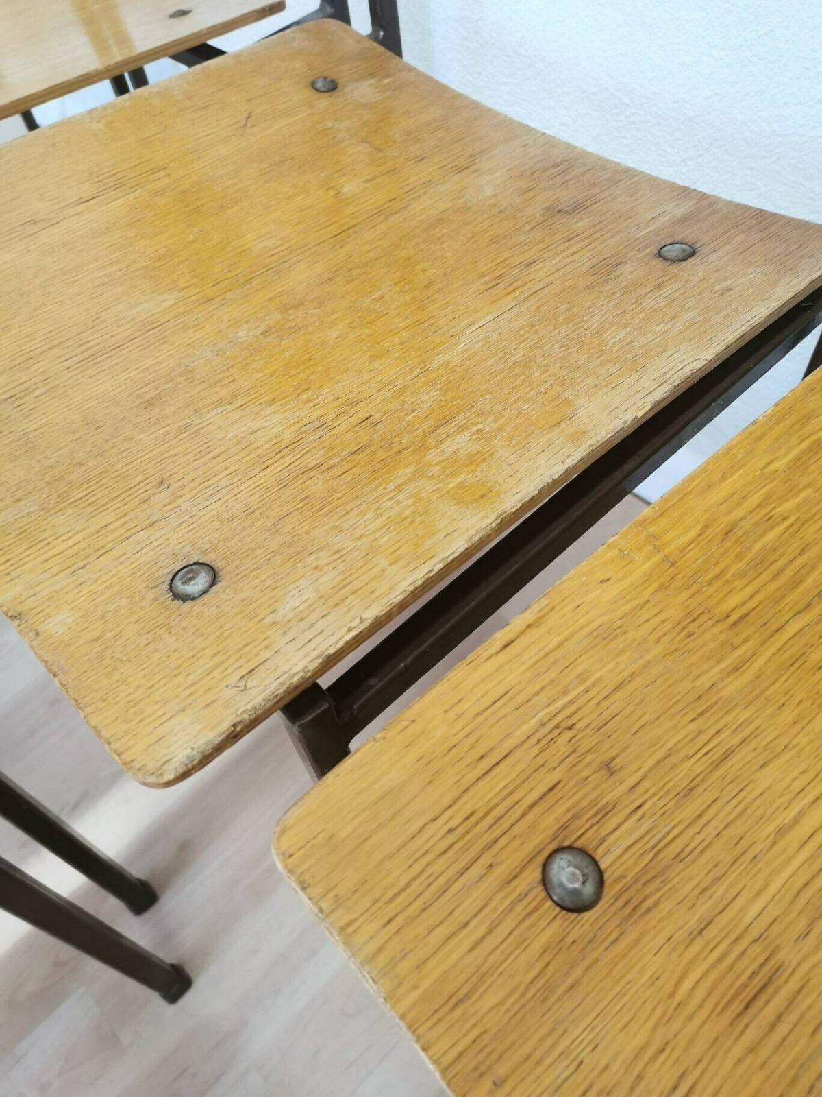 1 Of 30 Vintage School Square Chairs / Industrial Minimalist Dining Chair With Metal Frame And Wooden Seat / Mid Century Batch Of Dine Stool photo vintage