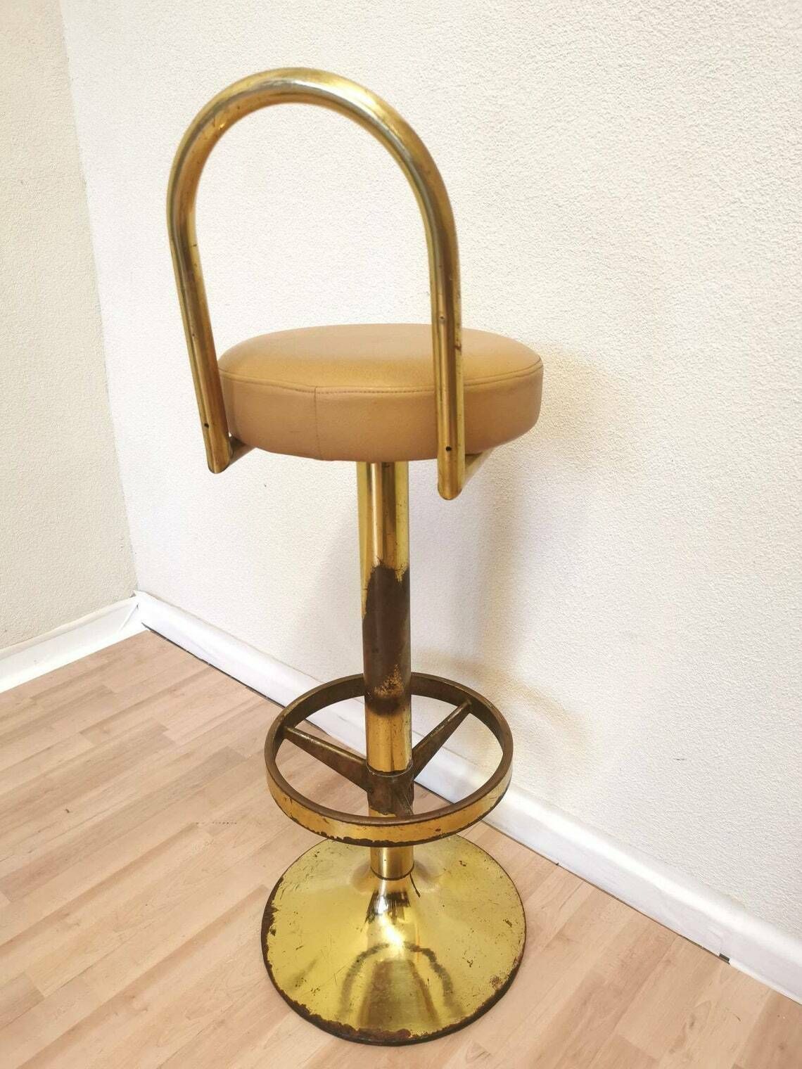 Mid Century Modern Gold Bar Stool / Vintage Elegant Round High Chair / Brass And Leather / 1970s, Italian Design / Classy Pub Stool photo furniture