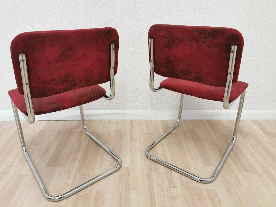 Set Of 2 Cesca Style Chair / Upholstered With Red Fabric / Dine / Dining Chairs / Tubular Frame / Marcel Breuer / Retro Interior / 1970 Future photo for sale