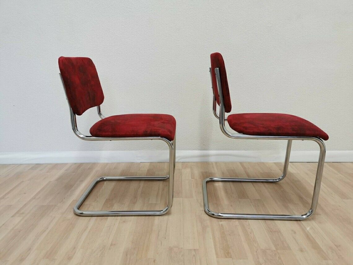 Set Of 2 Cesca Style Chair / Upholstered With Red Fabric / Dine / Dining Chairs / Tubular Frame / Marcel Breuer / Retro Interior / 1970 Future photo 570.0
