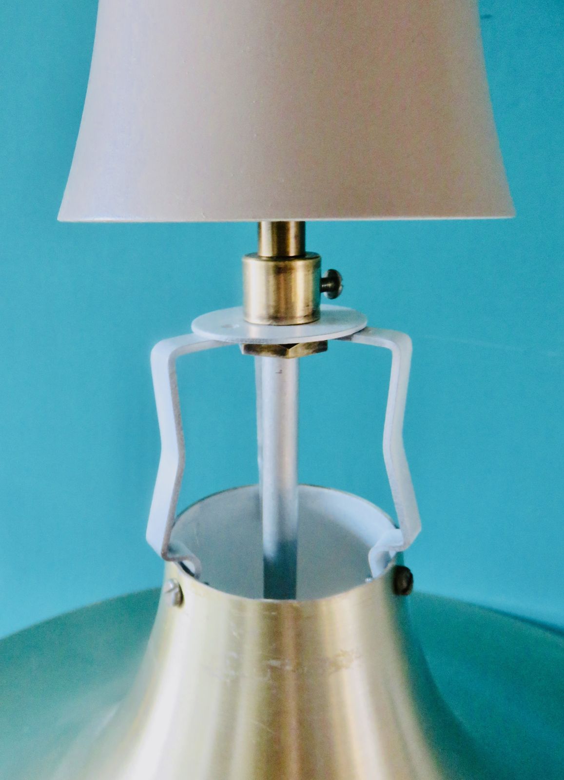 Large Trumpet Lamp In Brushed Gold Aluminum. Denmark 1970 photo vinterior