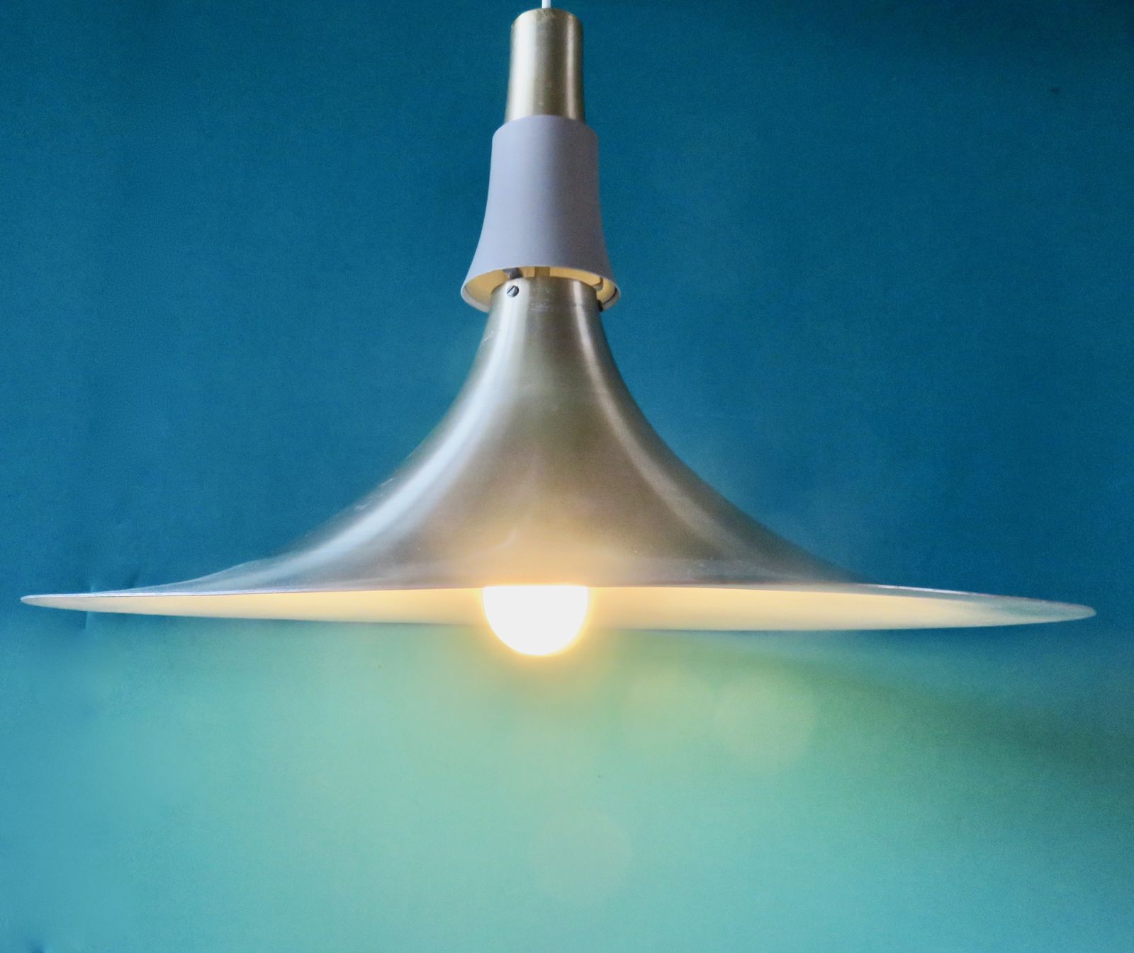 Large Trumpet Lamp In Brushed Gold Aluminum. Denmark 1970 photo vintage