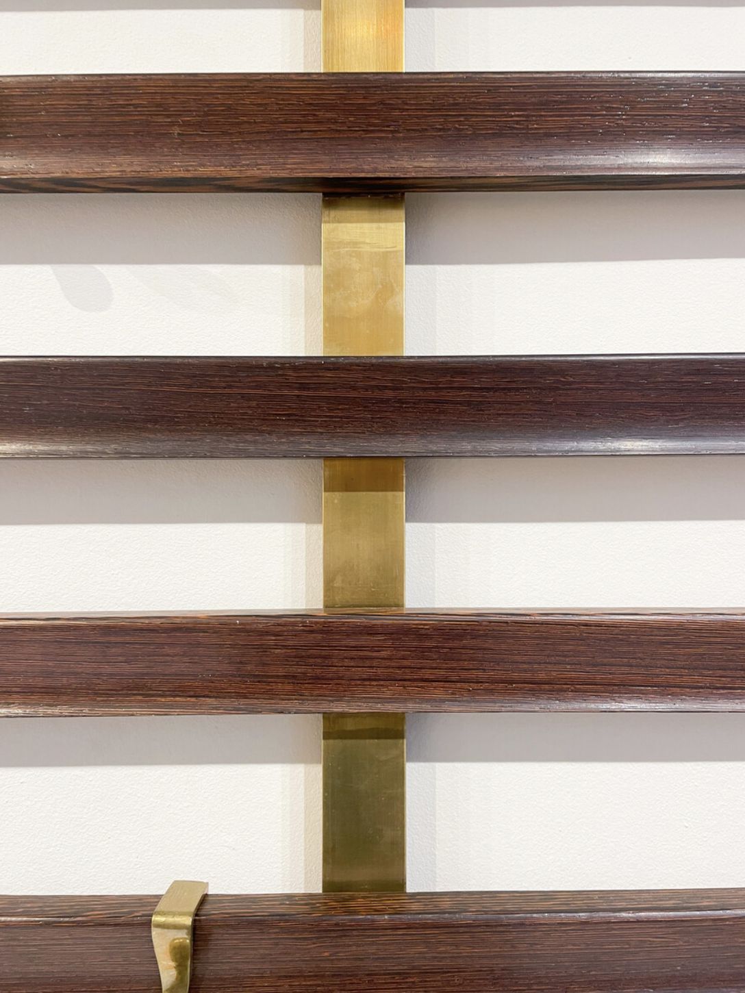 Mid Century Slatted Coat Rack By Jules Wabbes, Brass Hooks, Belgium, 1950s photo for sale