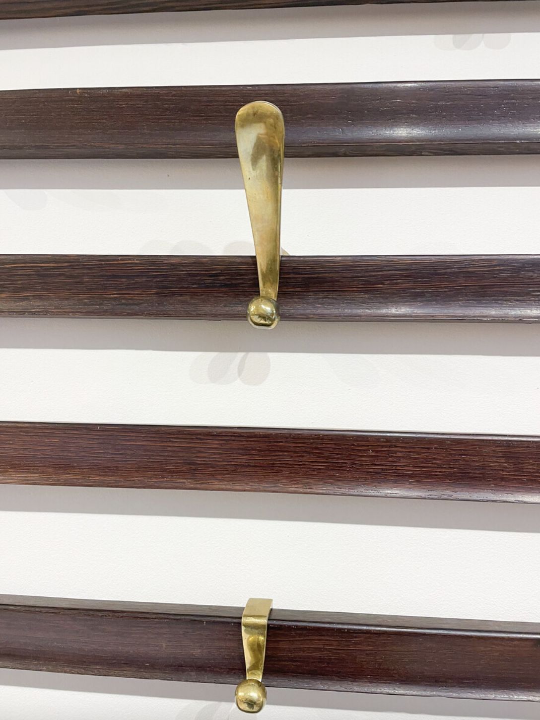 Mid Century Slatted Coat Rack By Jules Wabbes, Brass Hooks, Belgium, 1950s photo Furniture