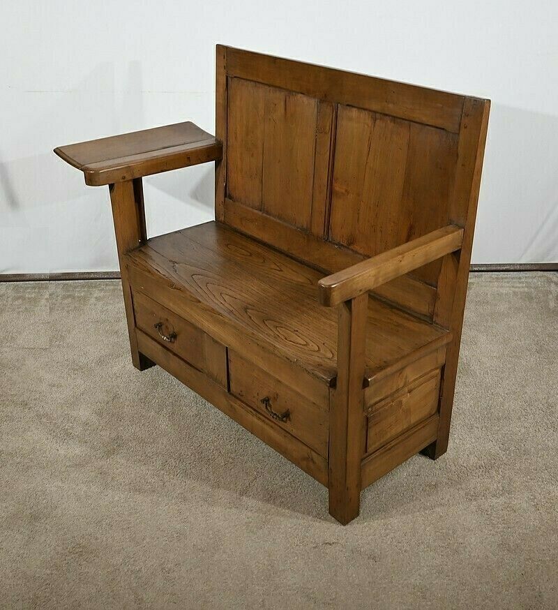 Rare Cantou Fireplace Bench In Cherry And Chestnut – 2nd Half Of The 19th Century photo 3505.32258018