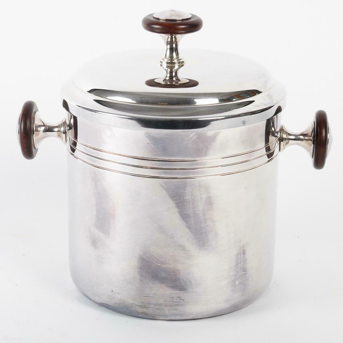 Silver Plated Metal And Wood Ice Bucket With Lid, 1980.