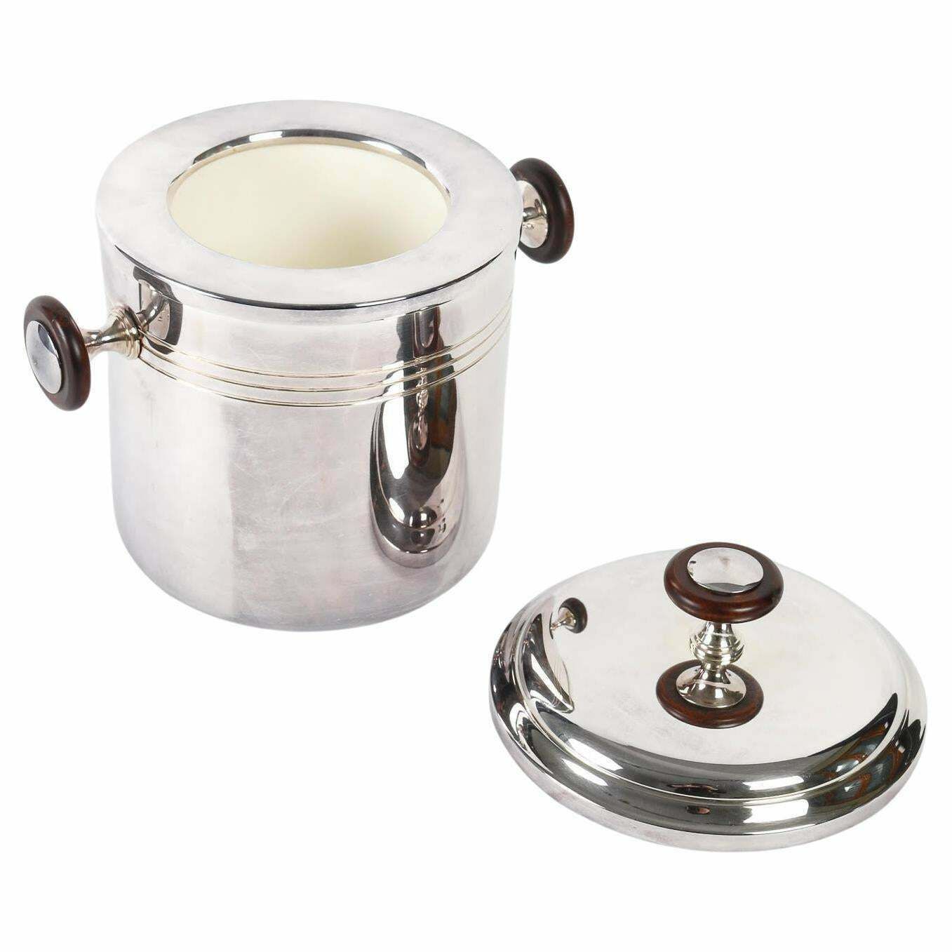 Silver Plated Metal And Wood Ice Bucket With Lid, 1980. photo vinterior