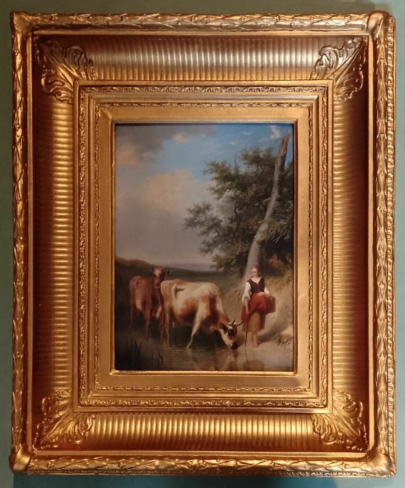 Antique 19th Century Oil Painting On Panel Milk Maid & Cows Baptiste Tschaggeny photo Art