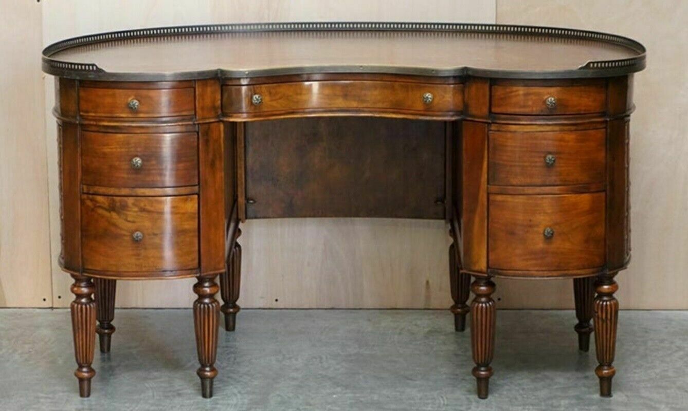 Stunning Faux Book Mahogany & Brown Leather Kidney Desk With Gallery Rail photo for sale