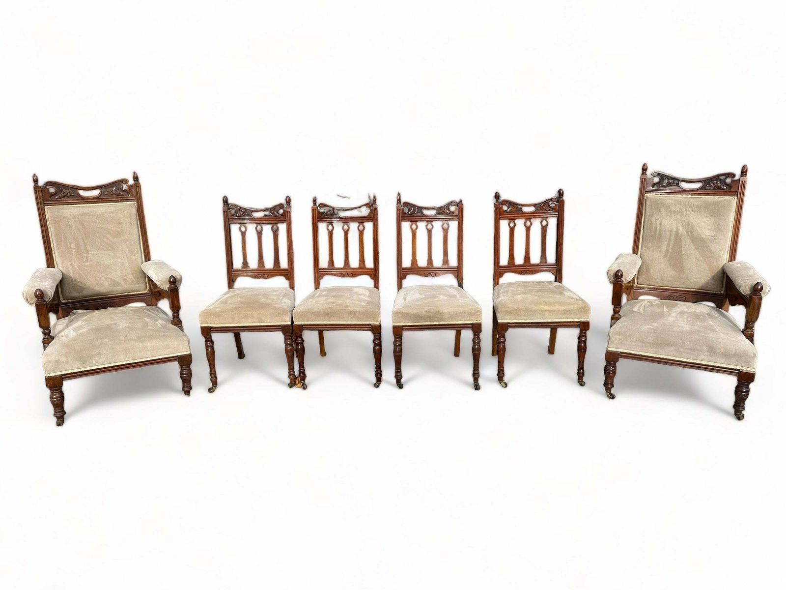 photo for sale Rare Pair Of Antique Hand Carved Walnut “Jas Shoolbred” Armchairs As Featured In The 1881 Furniture Gazette & Featured At The Powerhouse