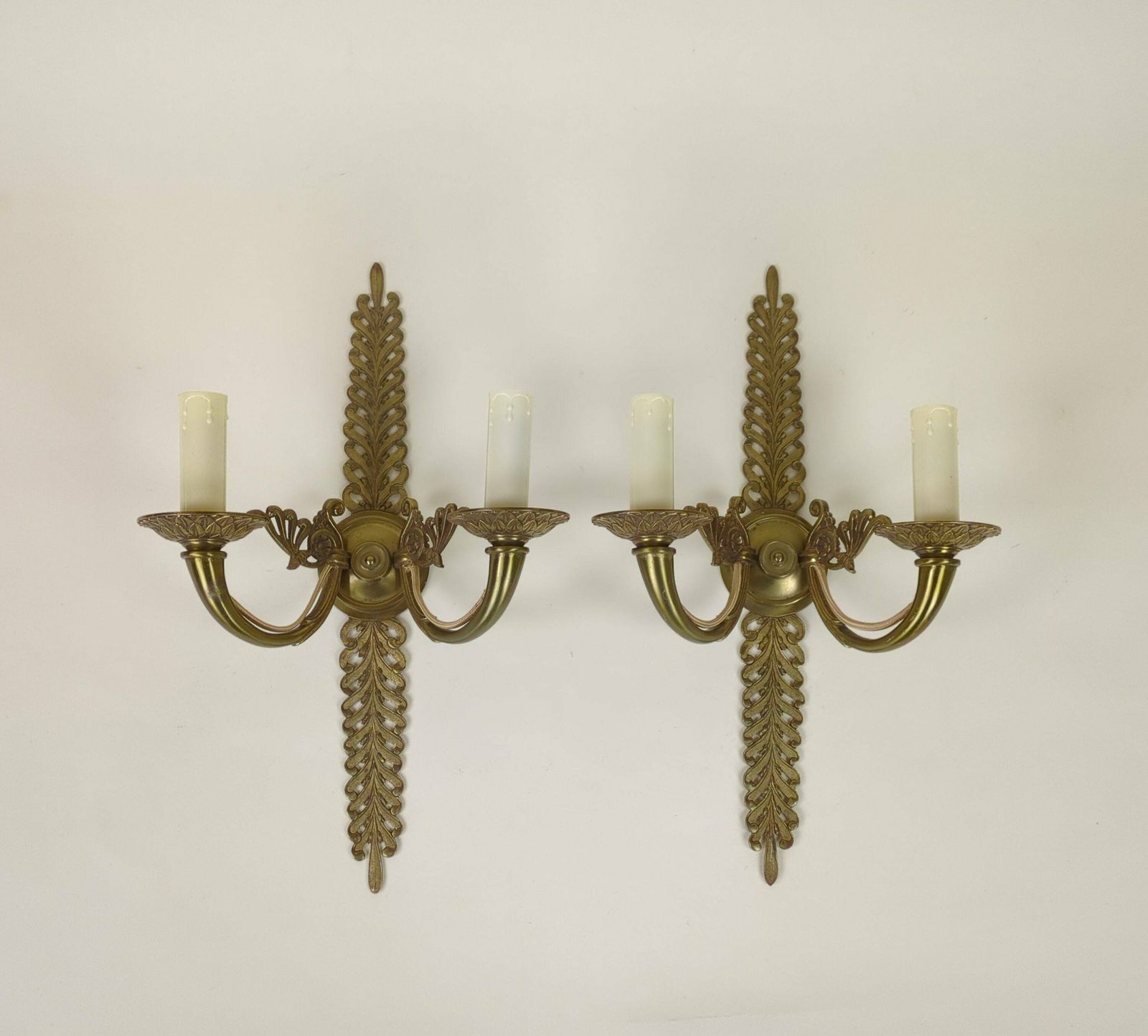 Pair Of French Gilded Bronze Empire Two Arm Electric Wall Sconce Light Fixture, Original Lighting From France