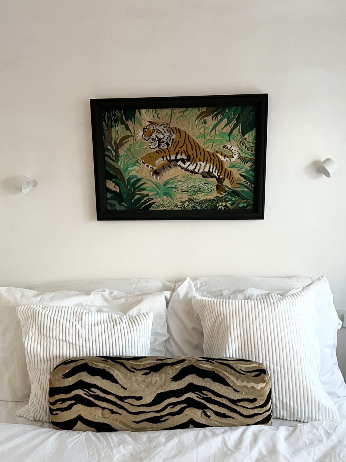 Rare Vintage Tiger Tapestry Black Wood Framed 78cm X 54cm Animal Print Leopard photo for sale
