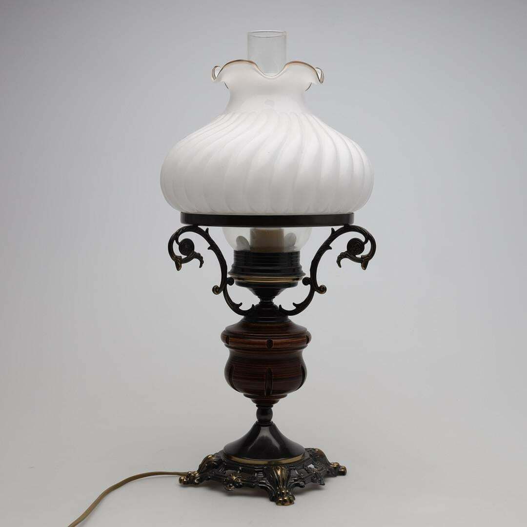 Antique Bronze Table Oil Lamp With Electric Wire And Glass Cup Art Deco 50's photo Lighting