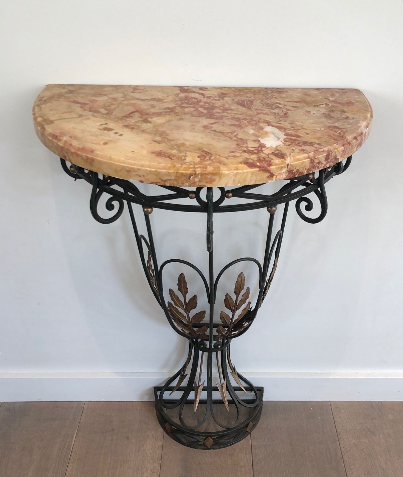 photo vintage Rare Small Wrought Iron Console With Marble Top. French Work. Around 1940